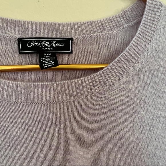 SAKS FIFTH AVENUE Cashmere Lavender Crew Neck Soft Detail Trim Sweater - Picture 3 of 8